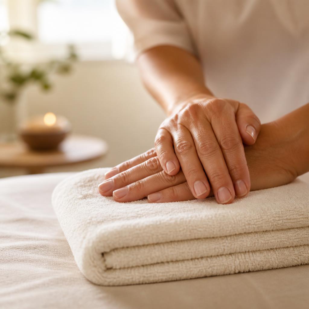 Close-up of warm hands resting on a folded cream towel