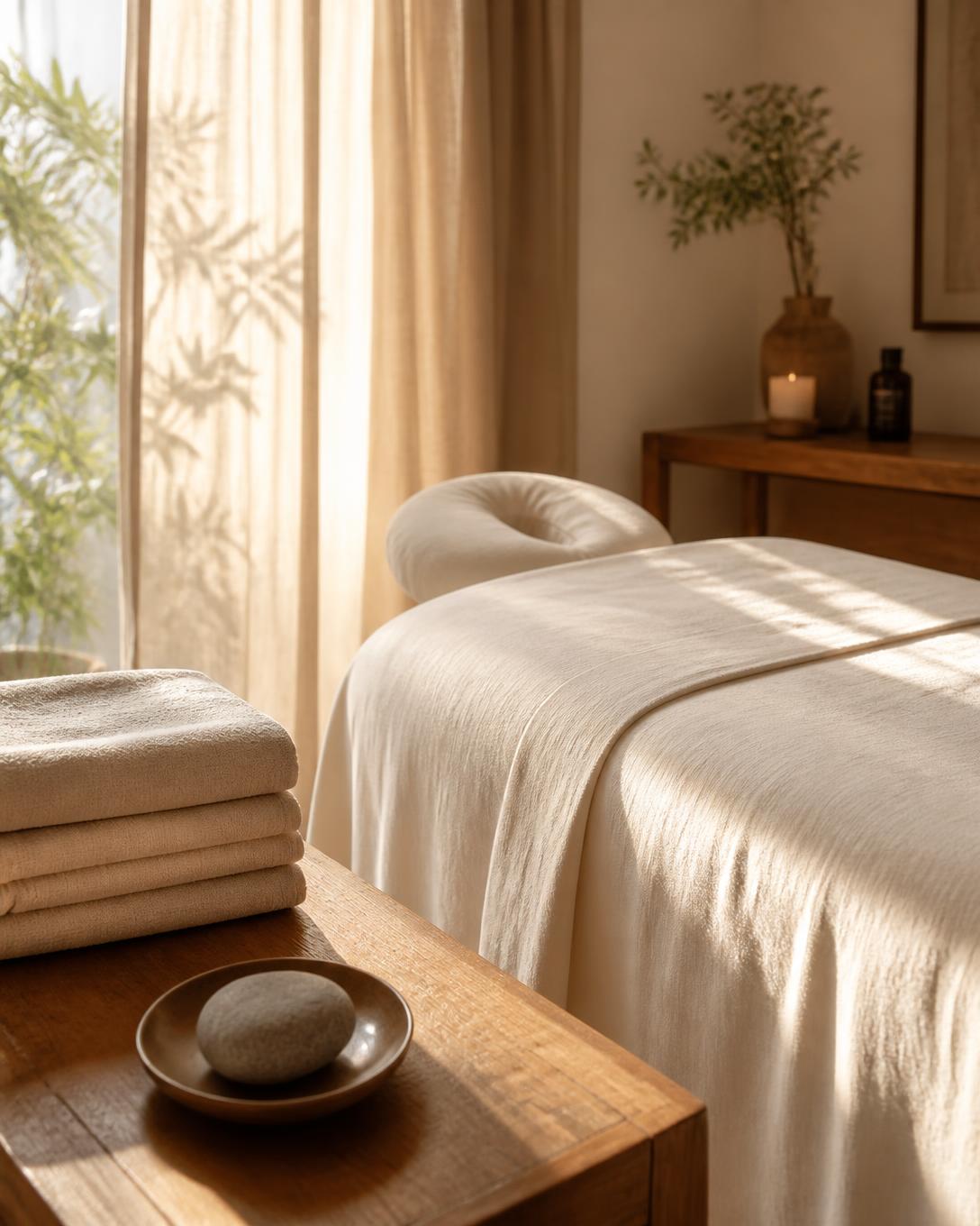 Warm massage therapy room with soft natural light and folded linens